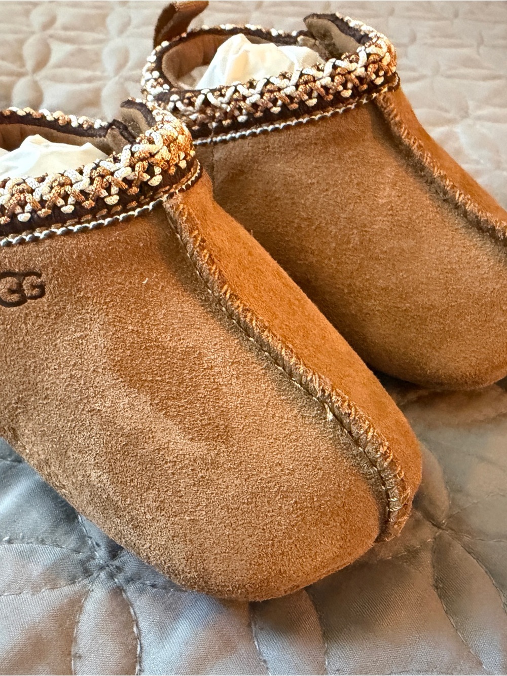 Baby’s UGG Chestnut Suede Braided-Trim Slip-On Moccasin Slippers